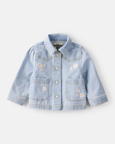 Ljusblå jeansjacka för barn med broderade vita blommor.